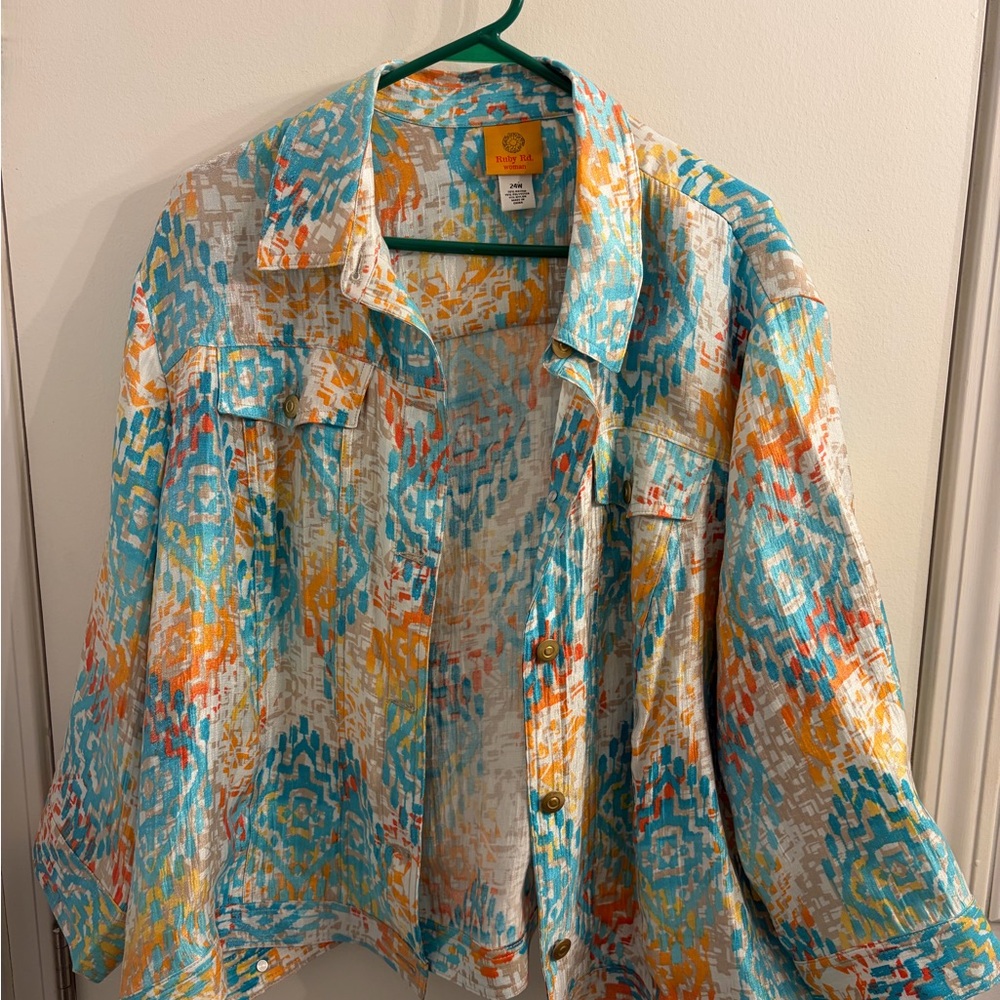 Ruby Rd. Turquoise And Orange Patterned Jacket - image 1